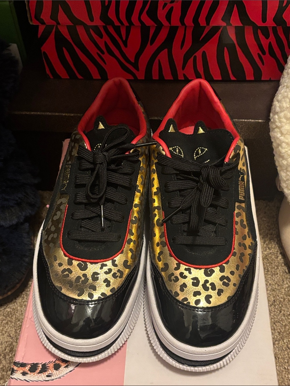 Puma Black & Gold Leopard Platform Sneakers with Red Lining